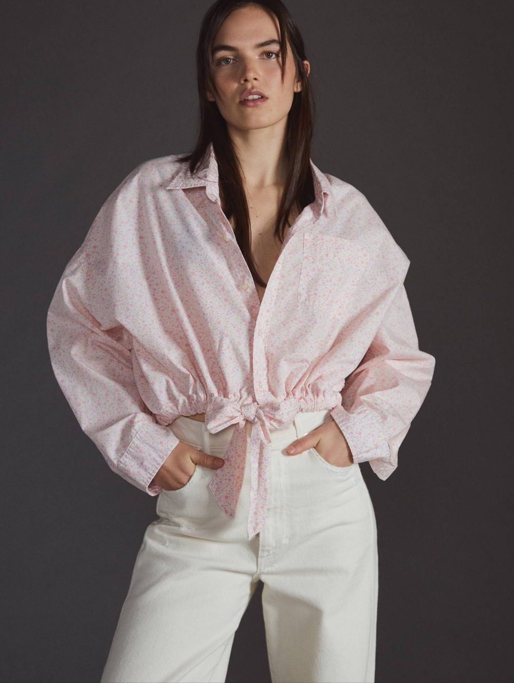 Anthropologie Denimist Cinch-Waist Front Tie Shirt Small Cotton Pink Floral